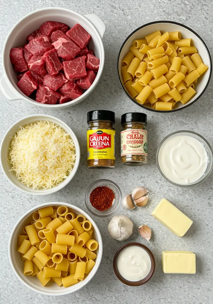 Cajun Steak Tips in Cheesy Rigatoni Parmesan Sauce