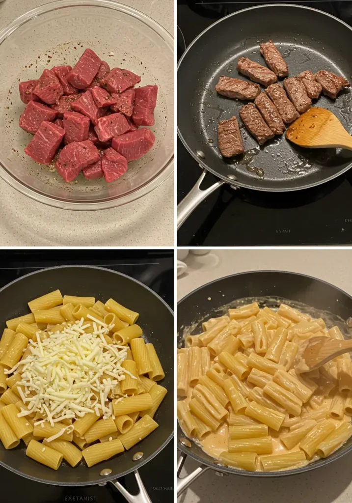 Cajun Steak Tips in Cheesy Rigatoni Parmesan Sauce