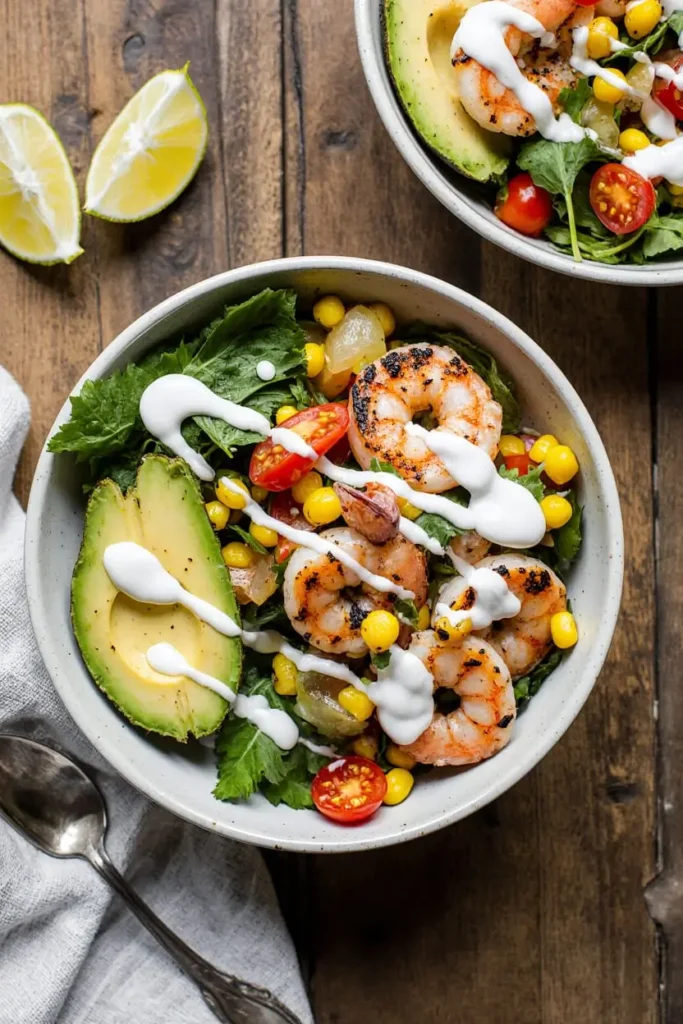 Grilled Shrimp Bowl with Avocado, Corn Salsa & Creamy Sauce