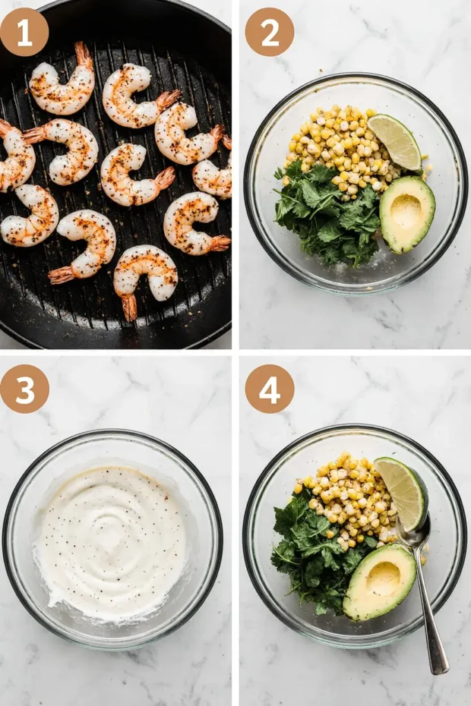 Grilled Shrimp Bowl with Avocado, Corn Salsa & Creamy Sauce