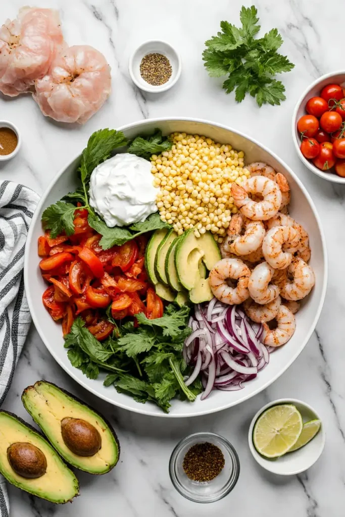 Grilled Shrimp Bowl with Avocado, Corn Salsa & Creamy Sauce