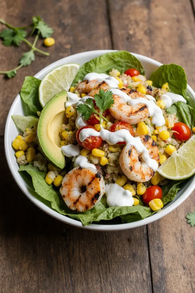 Grilled Shrimp Bowl with Avocado, Corn Salsa & Creamy Sauce