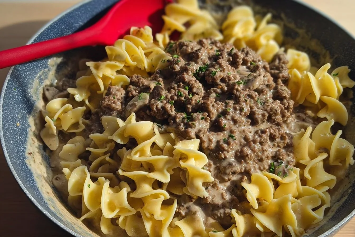 Quick and delicious 30-minute ground beef stroganoff served in a creamy sauce