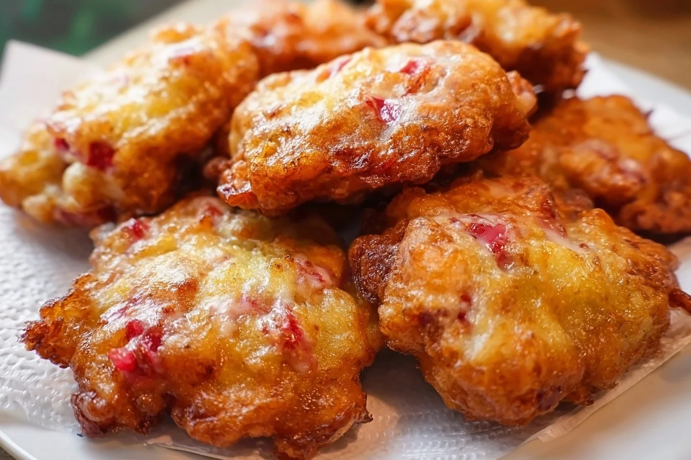 Delicious baked rhubarb fritters on a plate ready to be enjoyed.