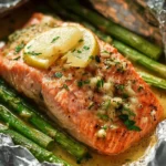 Baked salmon in foil served with asparagus and garlic butter sauce
