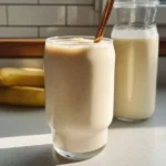 Healthy banana date protein shake recipe in a glass.