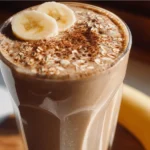 Delicious Banana Protein Coffee Smoothie in a glass with fresh bananas and coffee beans.