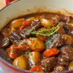 Delicious beef stew with tender meat and vegetables in a savory broth