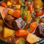 Delicious homemade beef stew served in a rustic bowl with herbs
