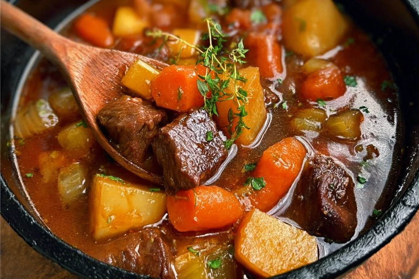 Delicious homemade beef stew served in a rustic bowl with herbs