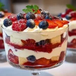 Delicious berry trifle with layers of fresh berries, cream, and cake.