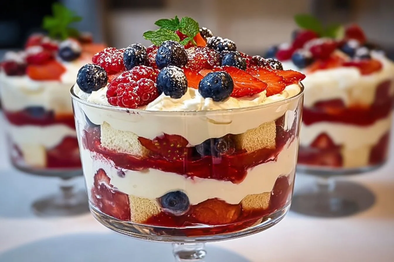 Delicious berry trifle with layers of fresh berries, cream, and cake.