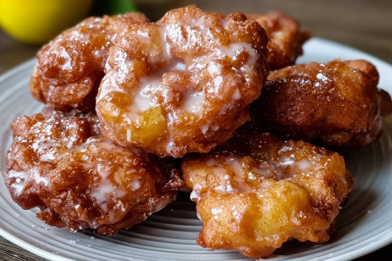 Delicious baked apple fritters topped with glaze and cinnamon
