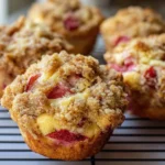 Big strawberry rhubarb muffins with brown sugar streusel on a cooling rack