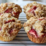Big strawberry rhubarb muffins with brown sugar streusel topping on a plate