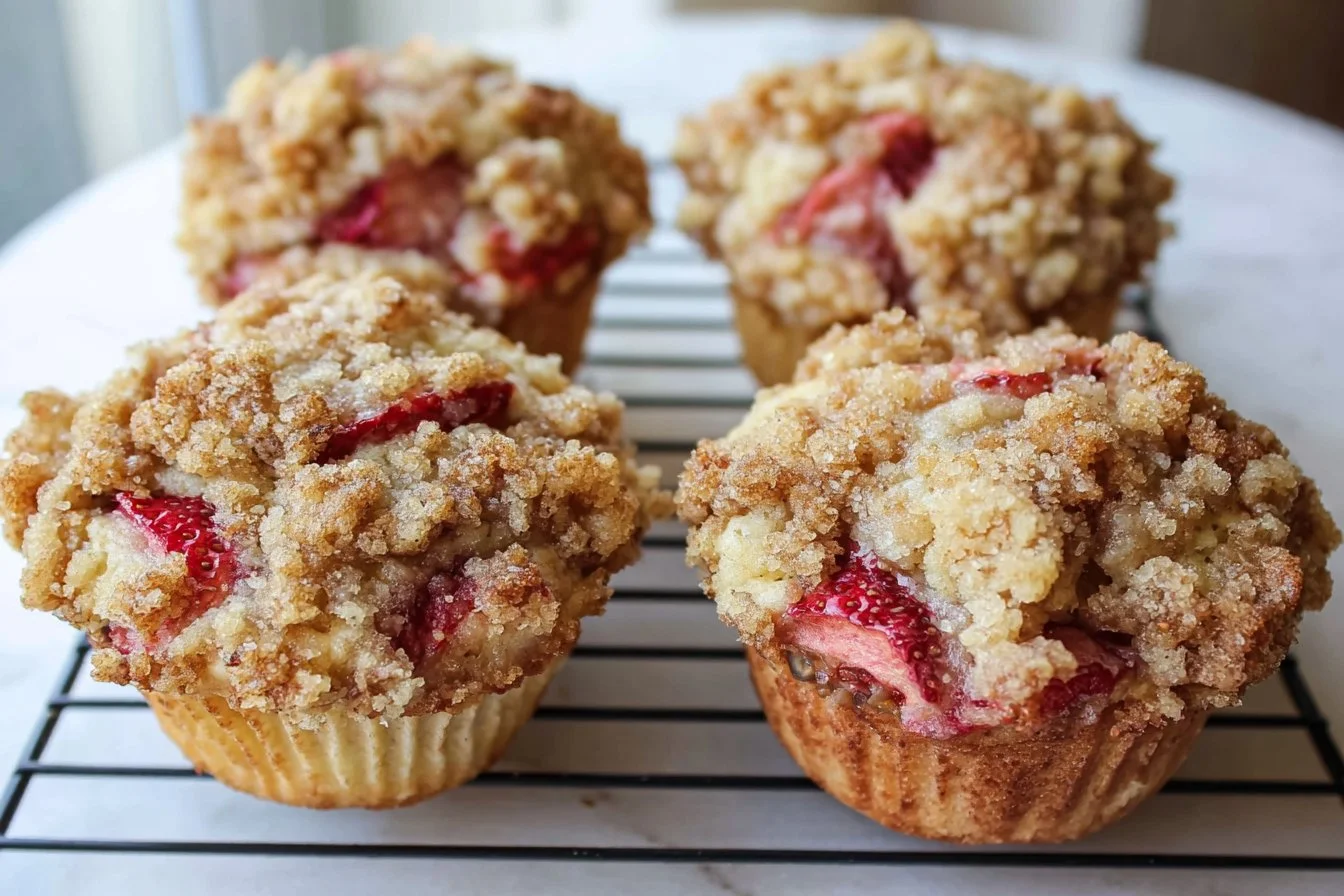 Big strawberry rhubarb muffins with brown sugar streusel topping on a plate