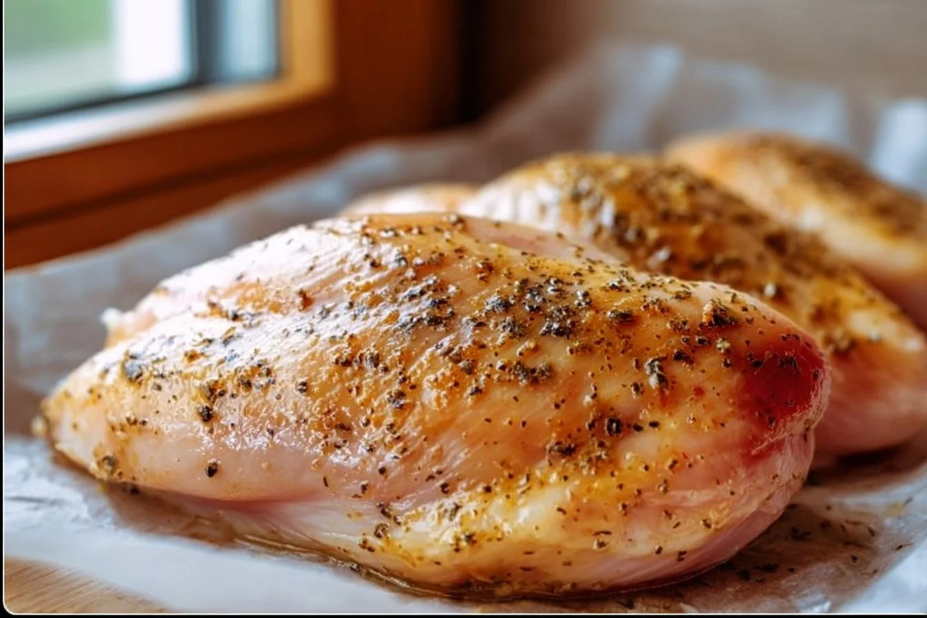 Oven-cooked boneless skinless chicken breast with herbs and seasoning