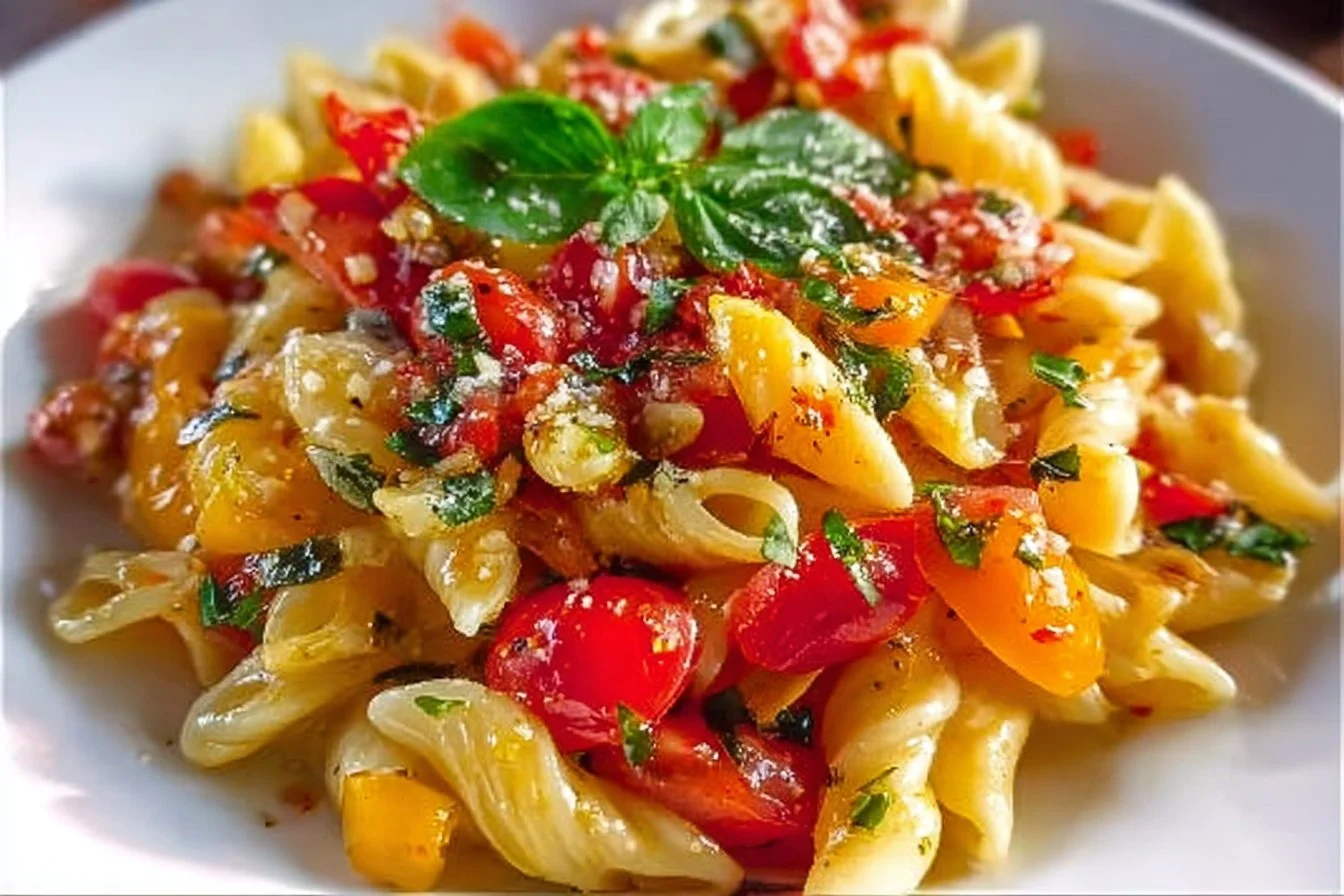 Delicious Bruschetta Pasta topped with fresh tomatoes and basil