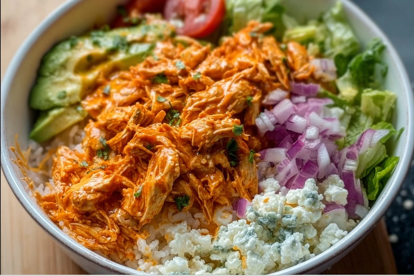 Delicious Buffalo Chicken Bowls with toppings and garnishes