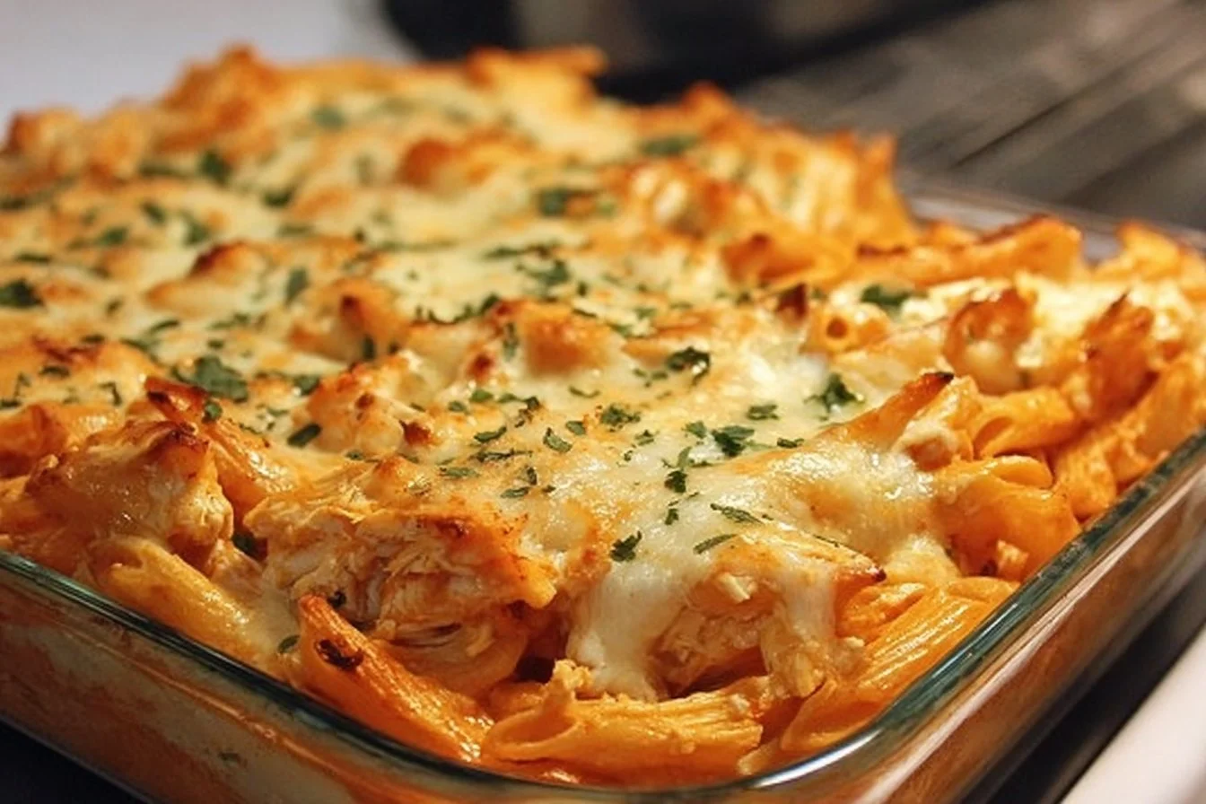 Delicious Buffalo Chicken Pasta Bake topped with cheese and herbs