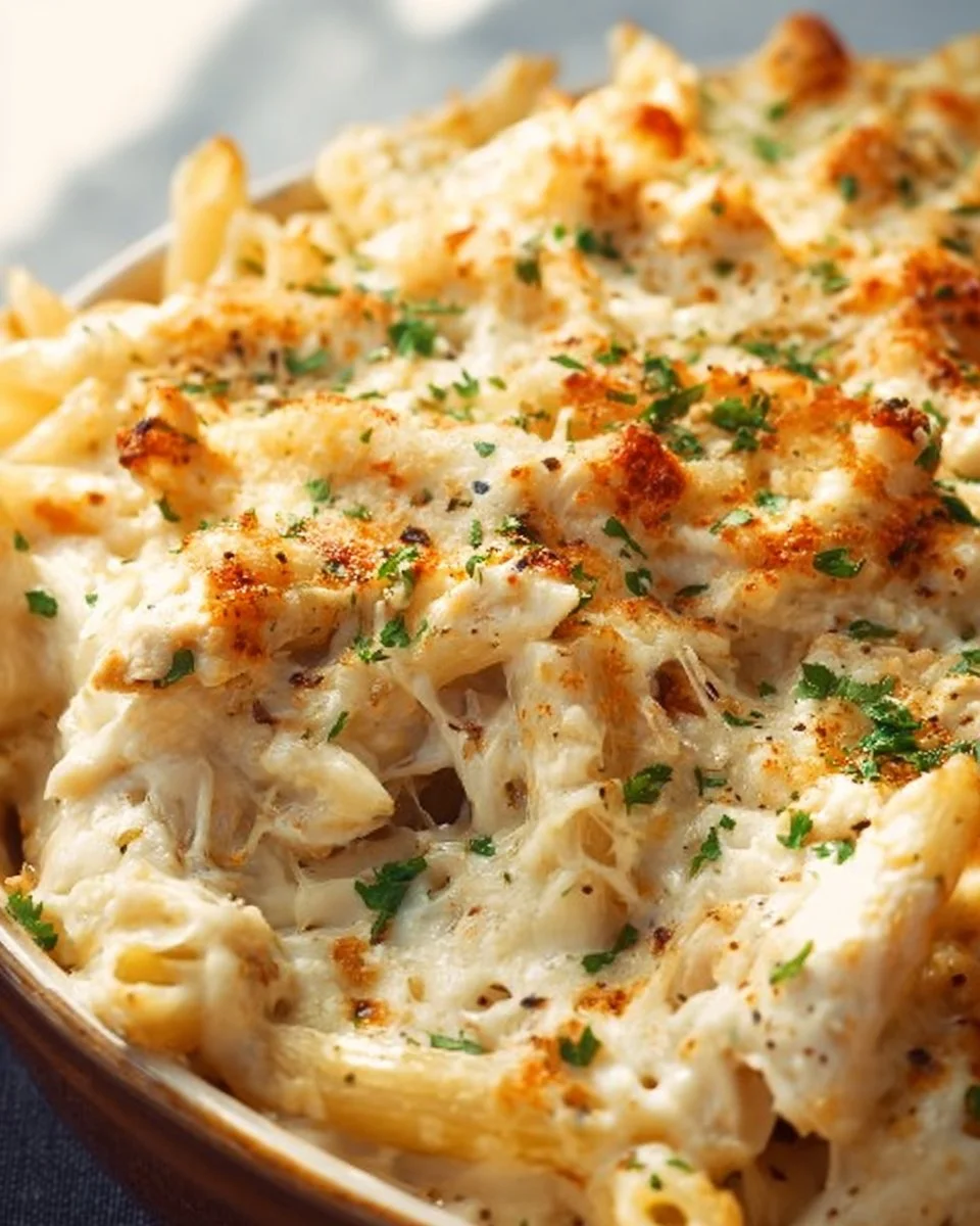 Creamy Chicken Alfredo Bake served in a dish garnished with parsley