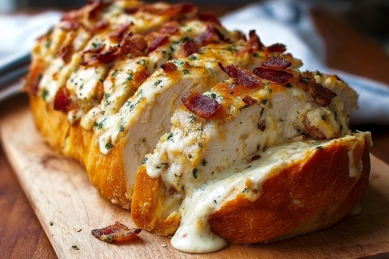 Delicious Chicken Bacon Ranch Stuffed Bread filled with cheese and savory ingredients.