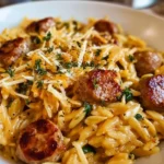 Delicious Chicken Sausage Orzo with Cheddar and Feta in a bowl