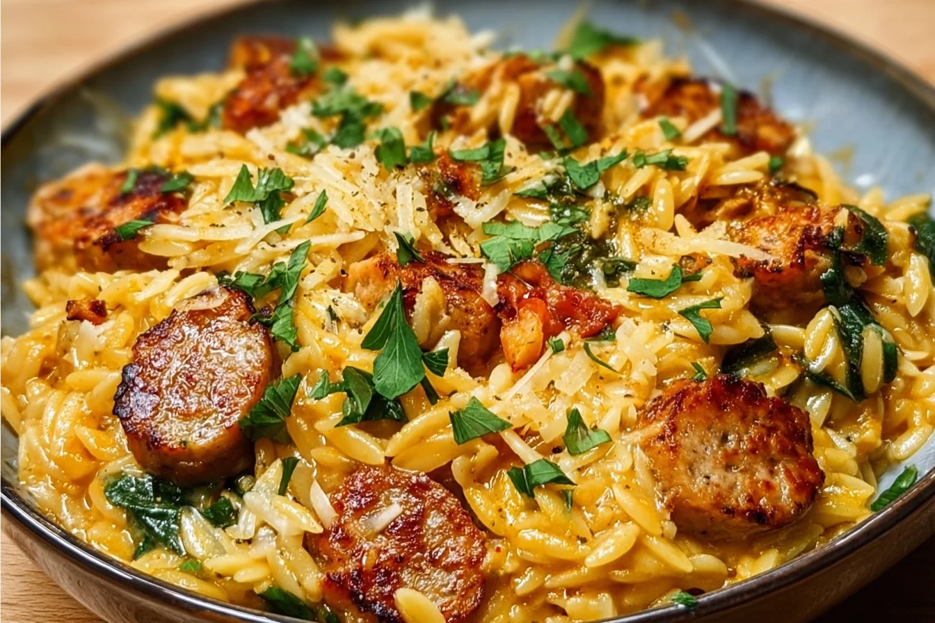 Chicken Sausage Orzo with Cheddar and Feta