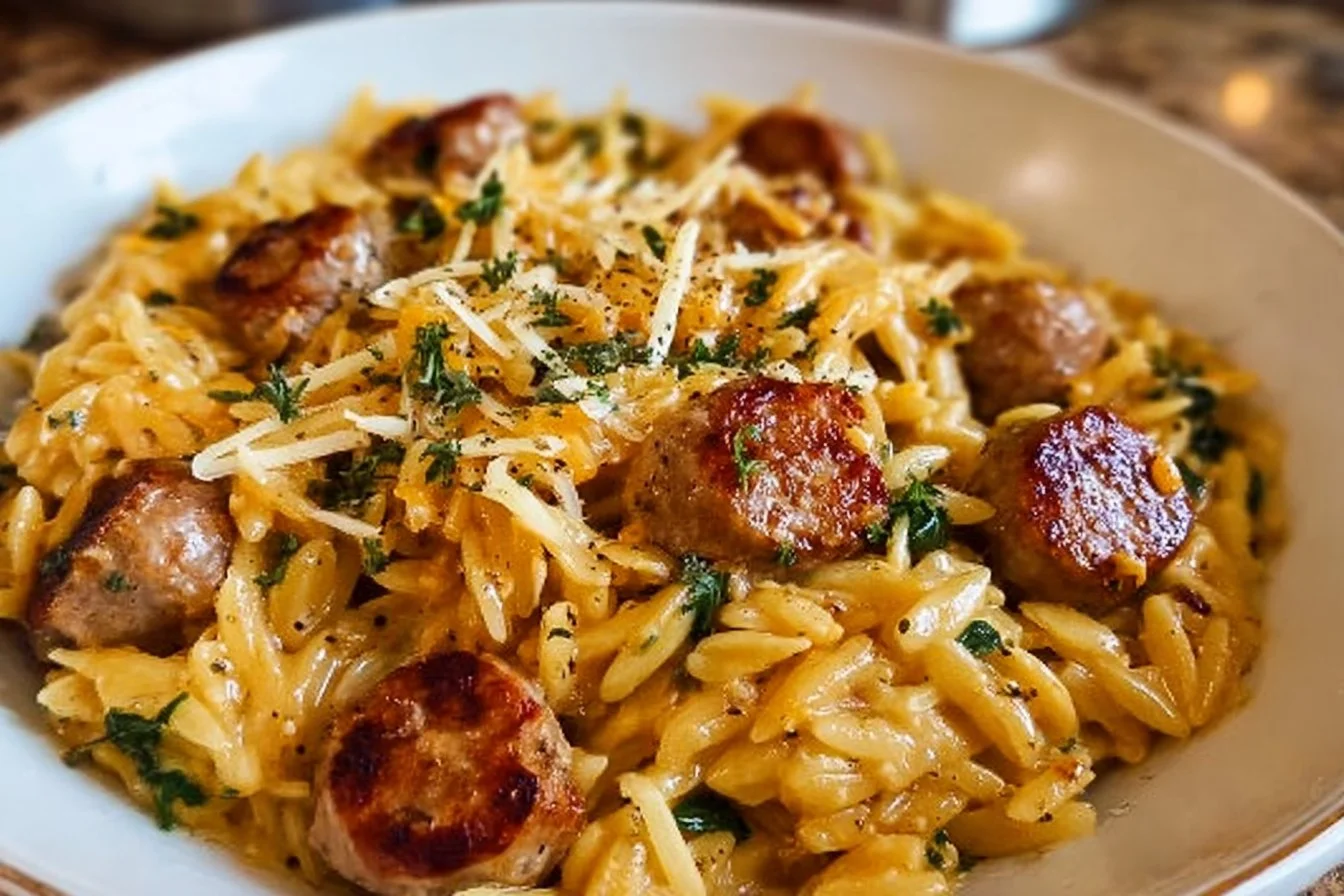 Chicken Sausage Orzo with Cheddar and Feta