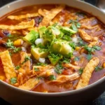 Bowl of delicious Chicken Tortilla Soup garnished with tortilla strips and cilantro
