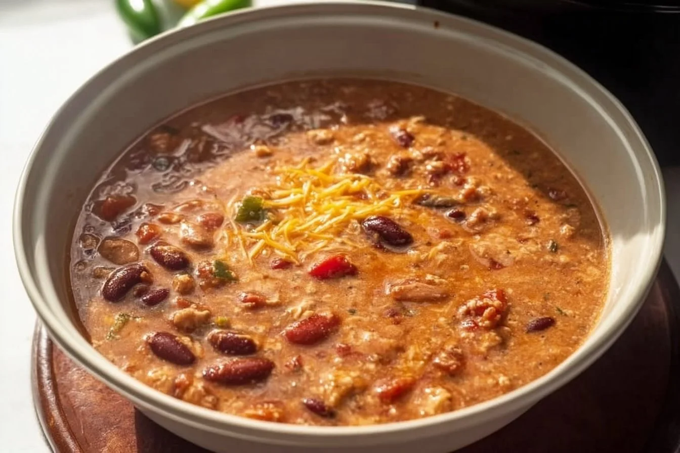 A bowl of spicy chili topped with cheese and cilantro, showcasing rich flavors.