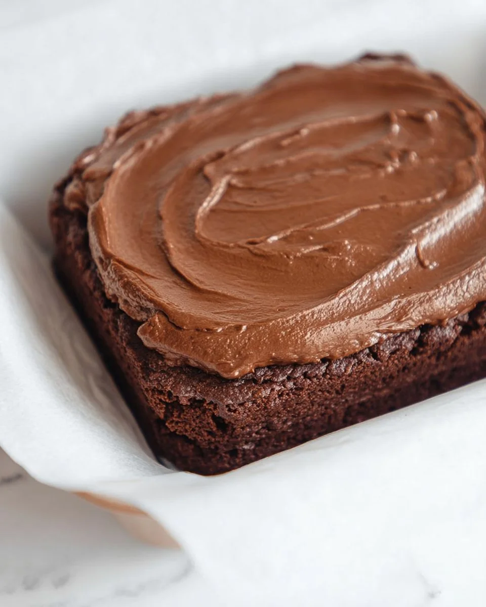 Decadent chocolate brownie frosting spread on homemade brownies