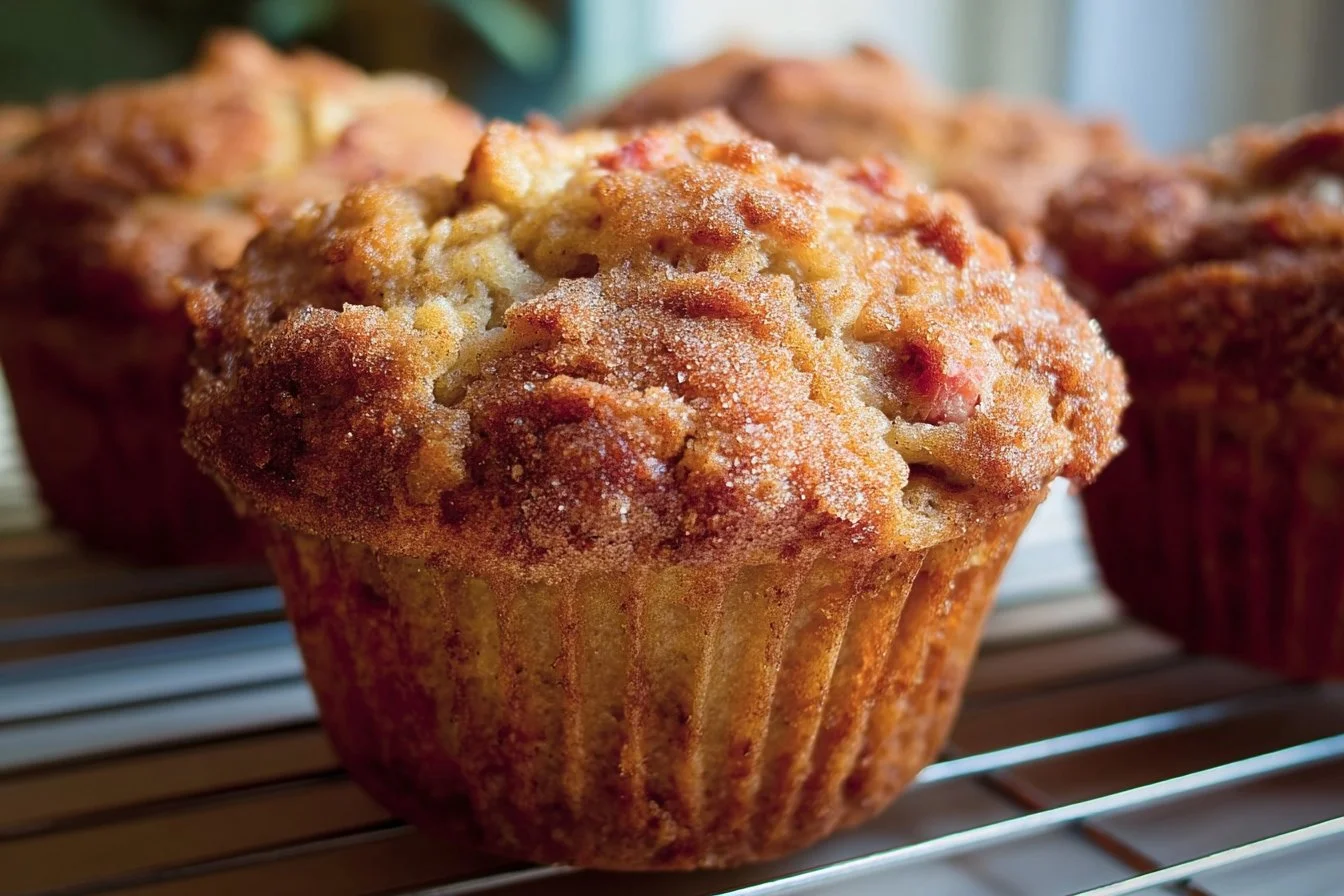 Freshly baked Cinnamon Rhubarb Muffins on a cooling rack