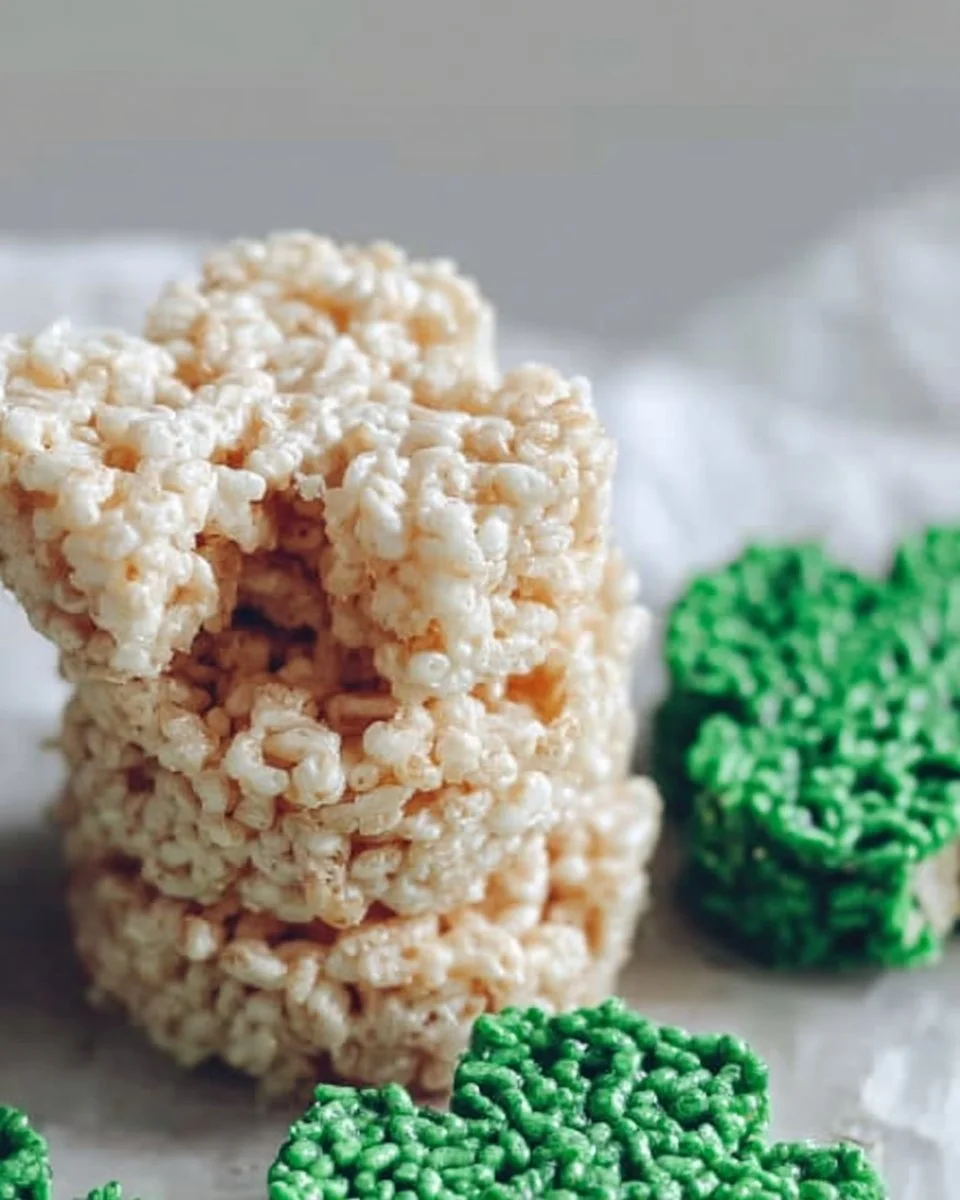 Clover Rice Krispie Treats arranged on a platter, perfect for St. Patrick's Day.