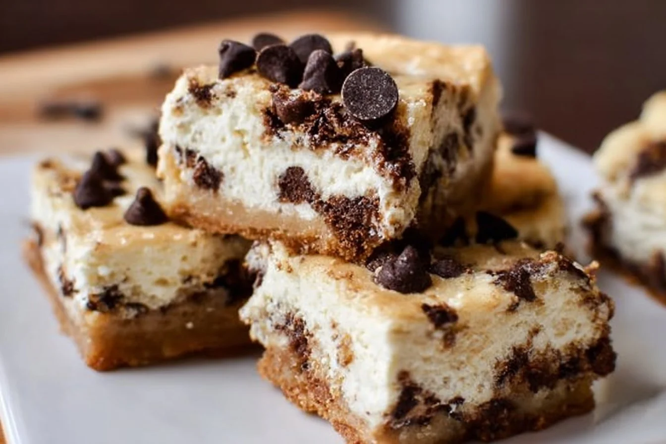 Delicious Cookie Dough Cheesecake Bars topped with cookie dough chunks