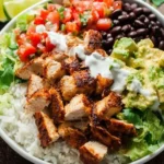 Delicious homemade Chipotle chicken burrito bowl ingredients and presentation