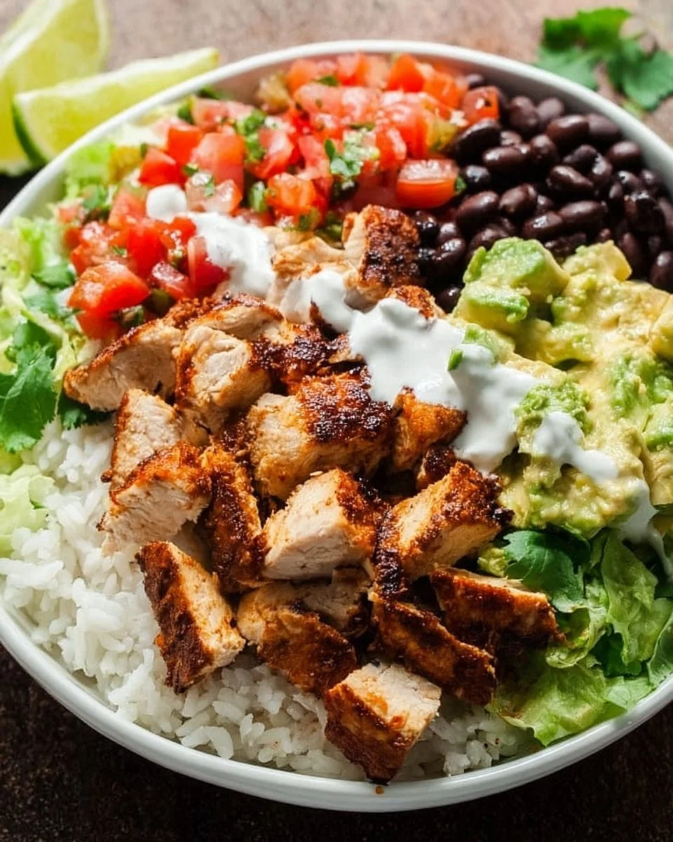 Delicious homemade Chipotle chicken burrito bowl ingredients and presentation