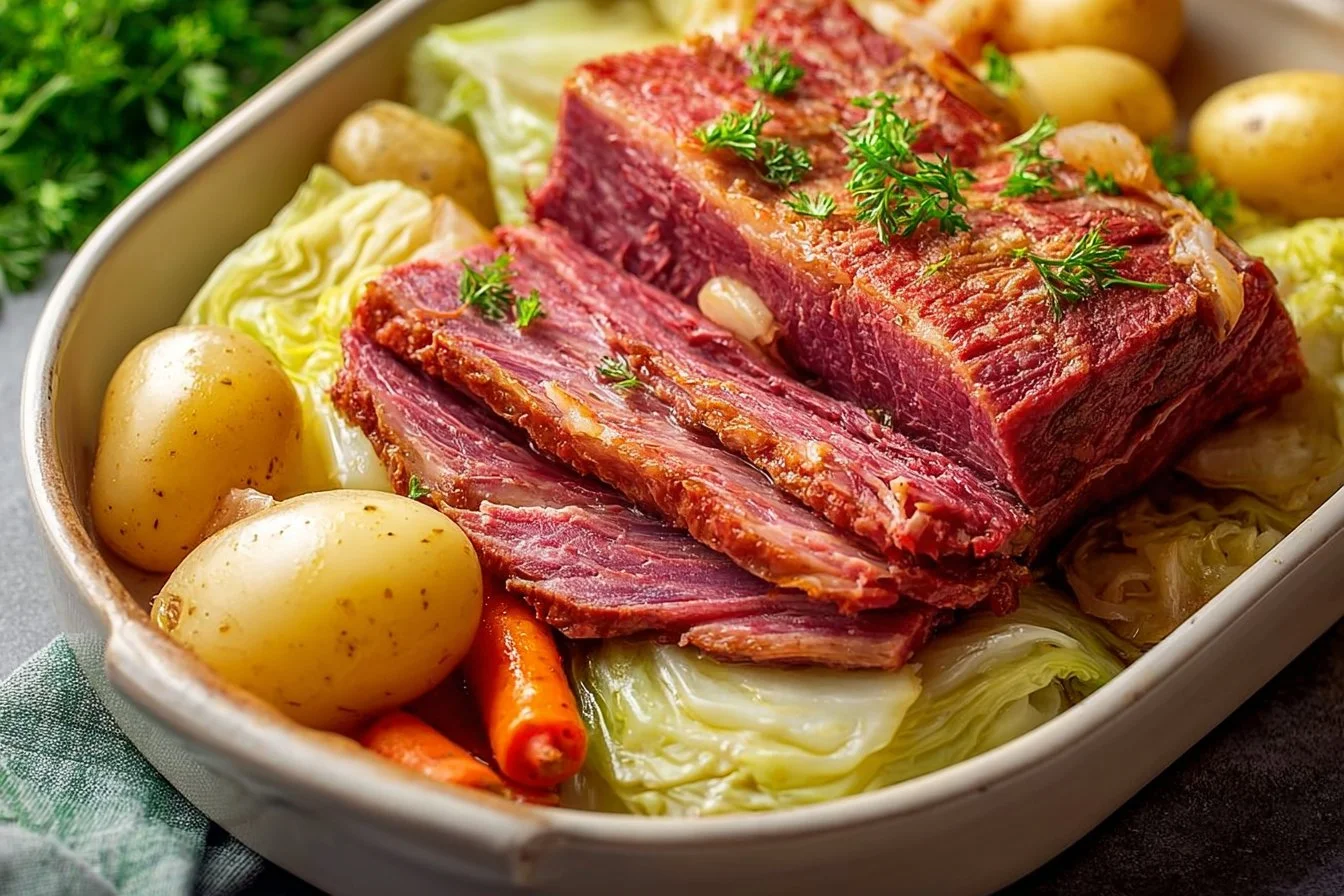 Delicious plate of corned beef and cabbage ready to serve