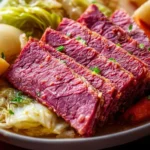 Plate of corned beef and cabbage served with carrots and potatoes