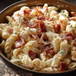 Creamy Bacon Cheddar Ranch Pasta Salad in a bowl garnished with fresh herbs
