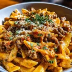 Creamy beef pasta dish garnished with herbs in a white bowl