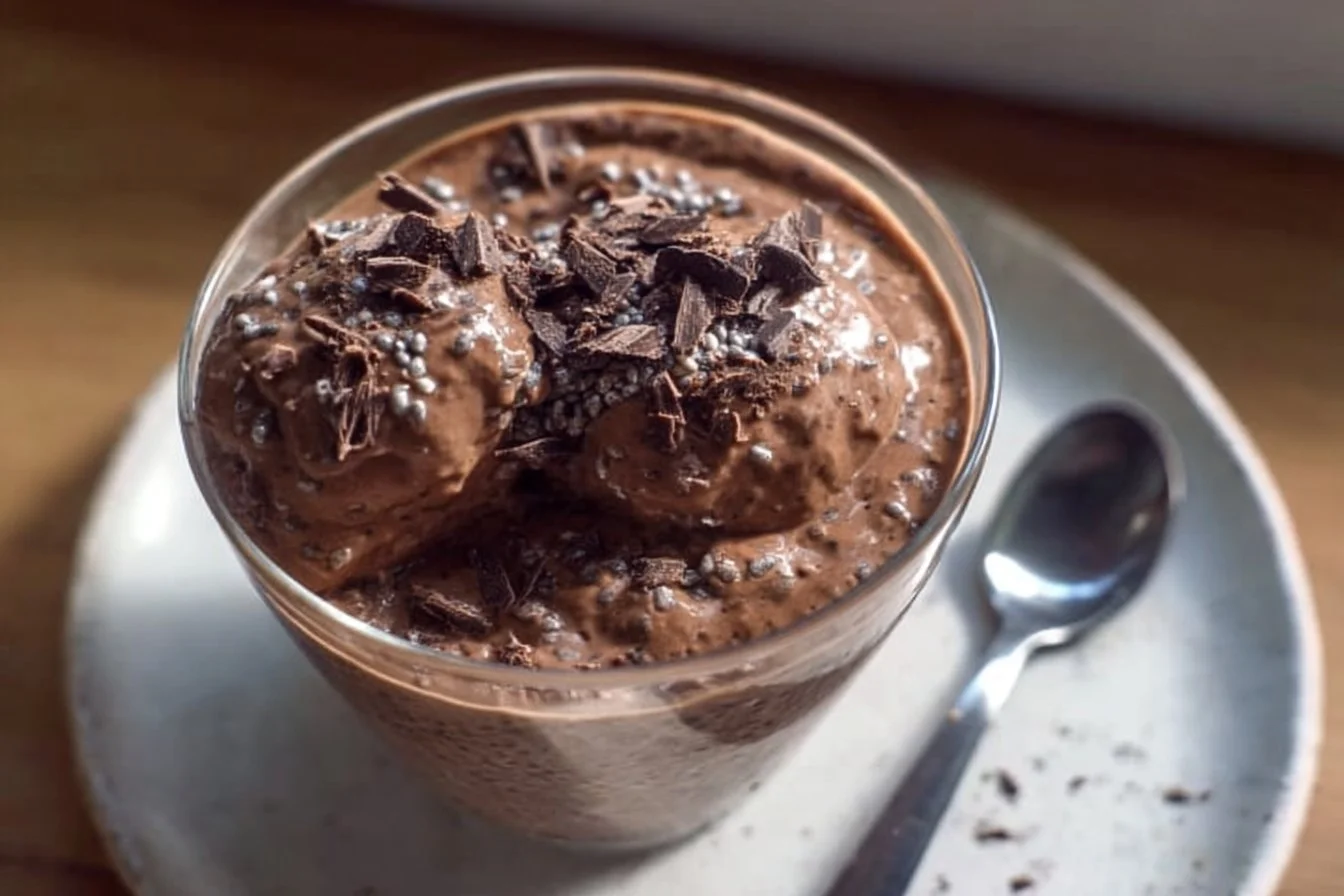 Bowl of creamy chocolate chia seed pudding with a spoon