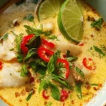 Bowl of creamy coconut lime fish soup garnished with herbs and lime slices