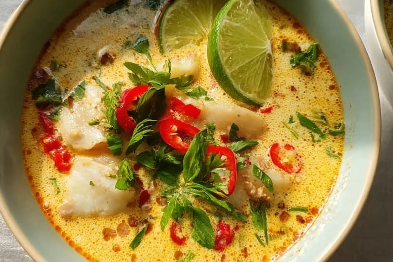 Bowl of creamy coconut lime fish soup garnished with herbs and lime slices