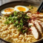 Bowl of creamy garlic chicken ramen topped with green onions and herbs