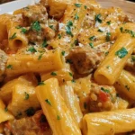 Creamy Italian sausage rigatoni topped with basil and cheese