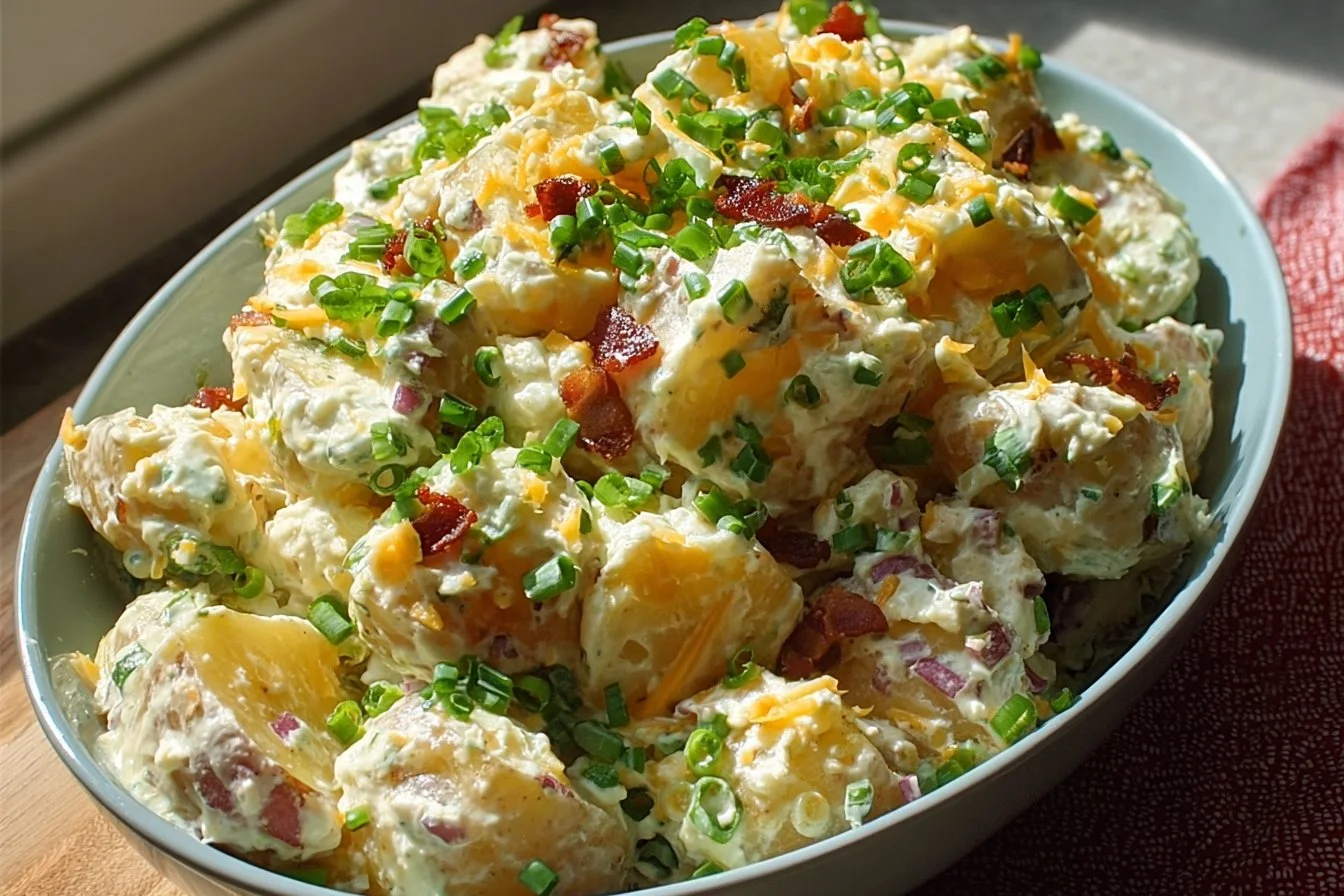 Delicious creamy loaded potato salad in a bowl with fresh herbs