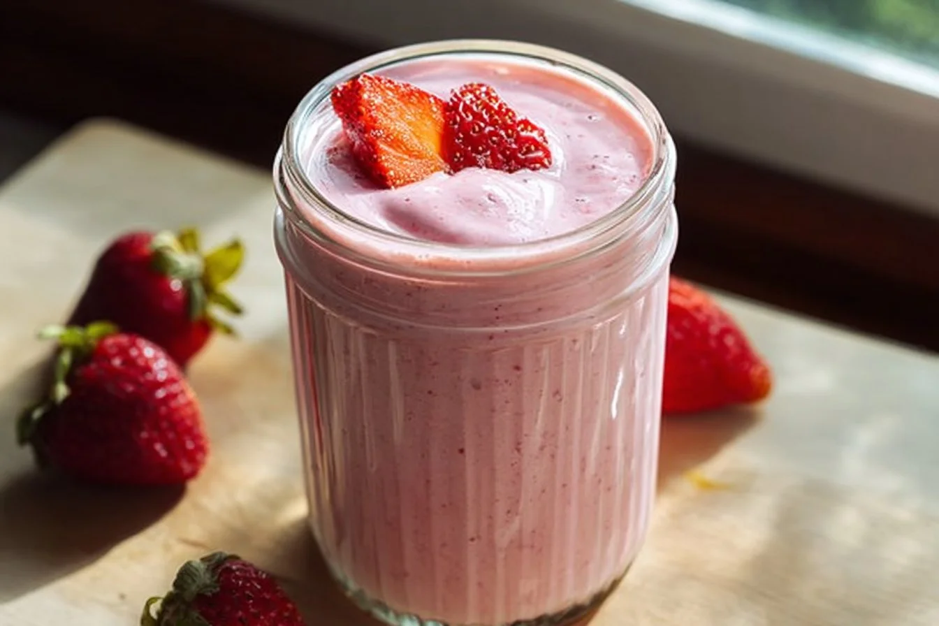Creamy strawberry banana protein smoothie in a glass with fresh fruit