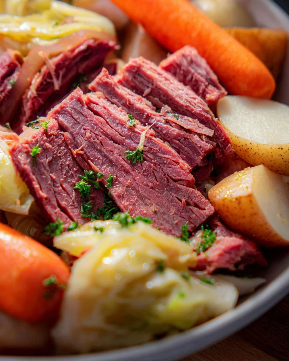 Delicious Crockpot Corned Beef and Cabbage served in a bowl