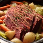 Crockpot corned beef and cabbage served on a plate with vegetables